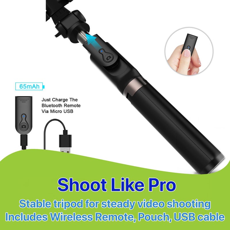 Pokanic Selfie Stick Tripod with Wireless Remote Controller Pouch Extendable Adjustable Stand Mount Light-Weight V-Log Compatible with All Apple iPhone, Samsung Galaxy (Black) - Image 2